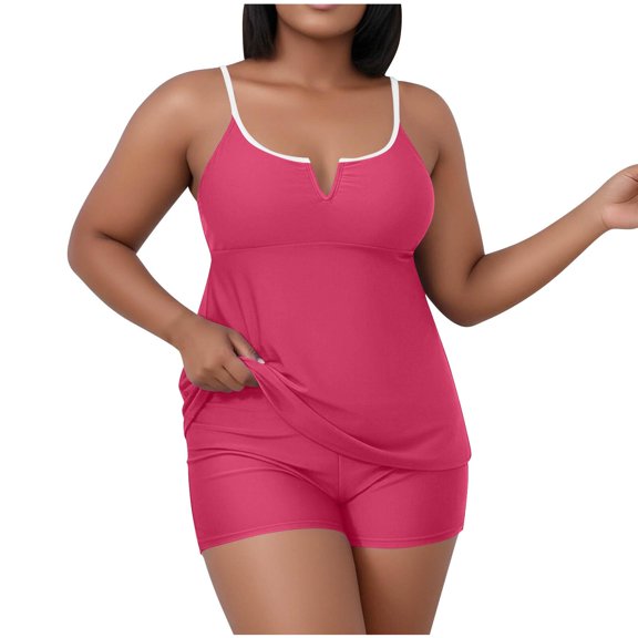 Tdoqot Womens Plus Size Swimsiuits Tankini 2 PC- Modest Backless Built In Bra Halter Bathing Suit Hot Pink Size XL-5XL