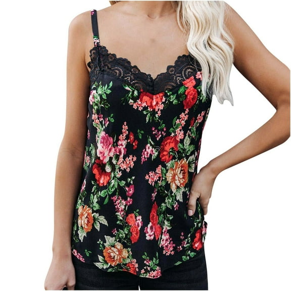 Lolmot Blouses for Women Trendy Sexy Lace Patchwork Printed Suspender V-Neck Comfortable Tank Tops Summer Sleeveless Camisoles Vest Shirt