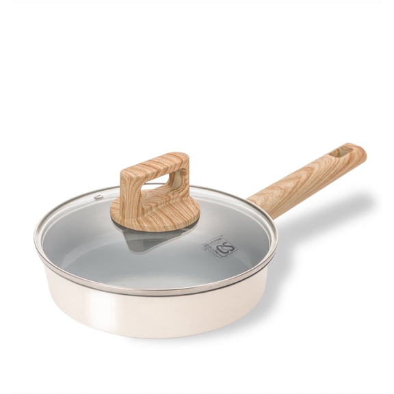 Koch Systeme CS 8 inch Nonstick Frying Pan With Lid & Bakelite Handle, Even Heating, Suitable For All Stoves, Cream White