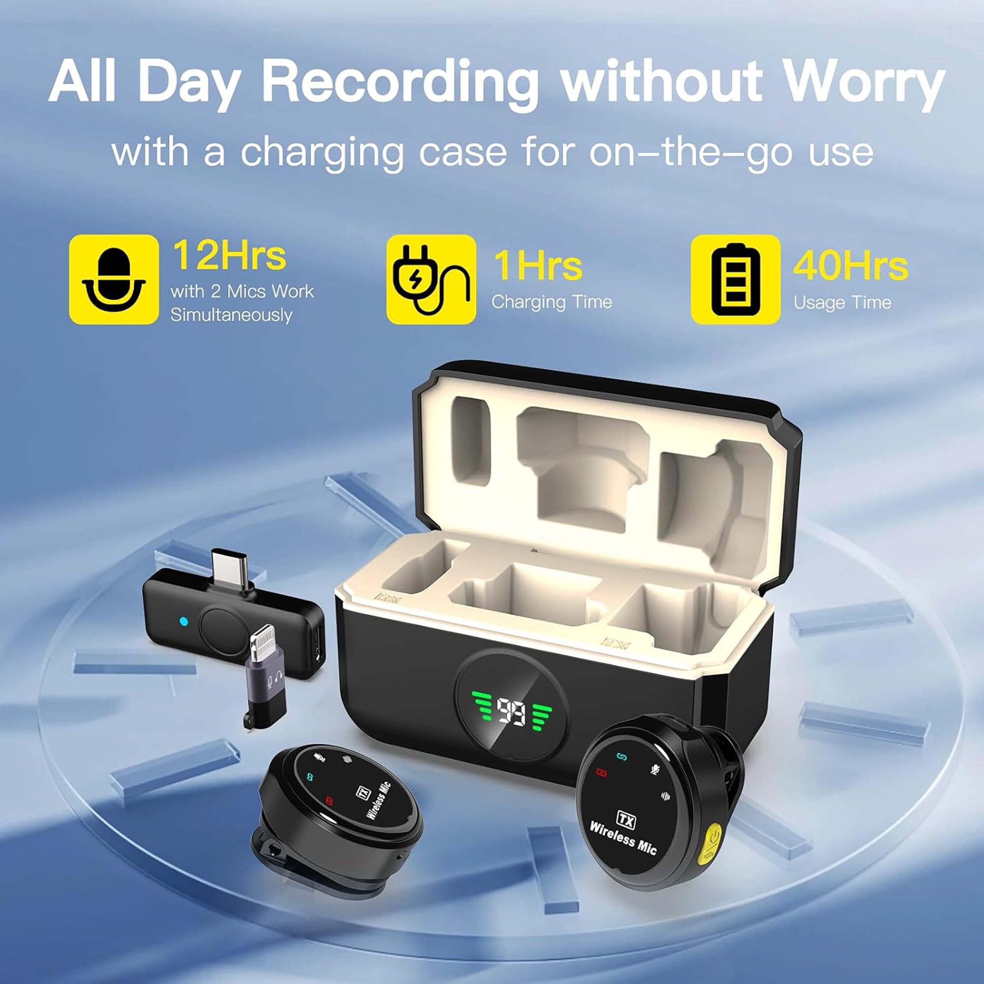 Wireless Lavalier Microphone Compatible for iPhone, Android Mini 2.4GHz Clip-On Mic with Noise Cancellation, 50m Range, 15H Battery, Plug & Play for Vlogging, YouTube, TikTok, Live Streaming