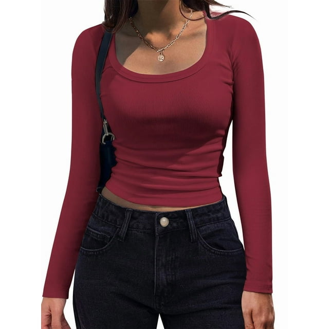 Women'S Long Sleeve Scoop Neck Shirts Casual Slim Fit Rib Knit Tops Summer Fall Basic Business Work Tee Wine Red M