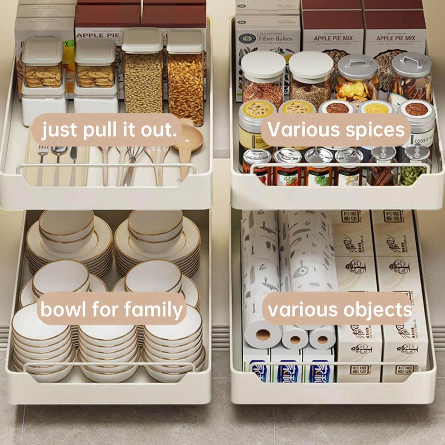 Pull Out Cabinet Organizer, Pull Out Telescopic Kitchen Drawer, No Drill Extendable Sliding Shelf and Storage for Kitchen, Cupboards, Pantry, Bathroom