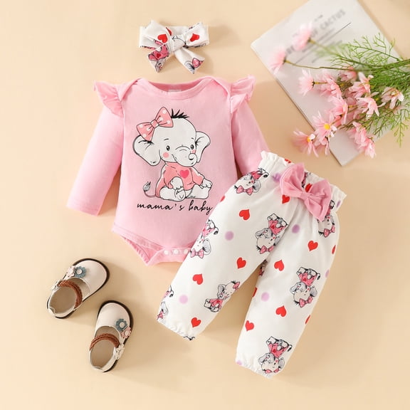 Toddler Outfits for Girls Long Sleeve Elephant Print Romper with Pants and Headband Cute Animal Set Girls' Clothing Sets Pink 9-12M