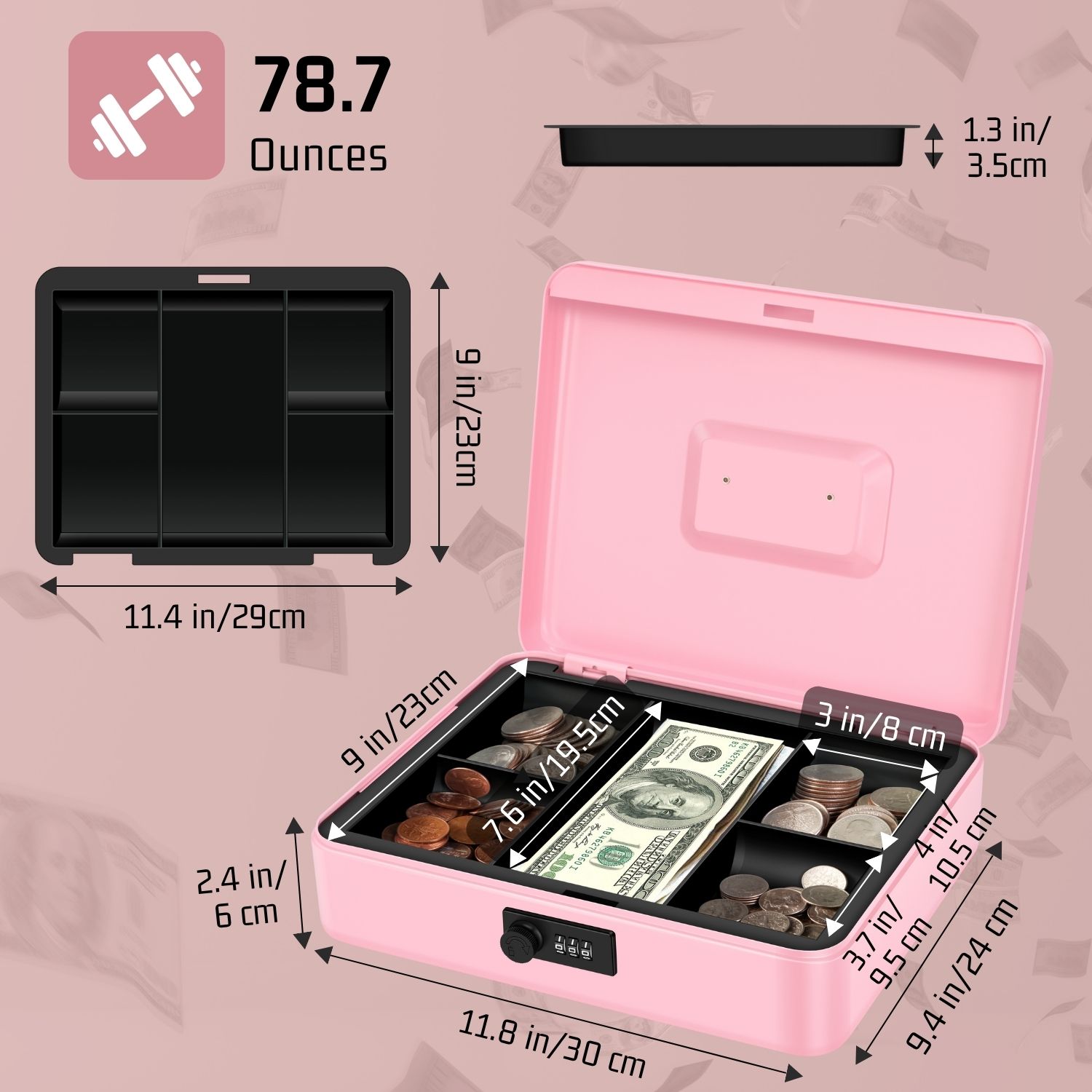 Cash Box with Combination Lock - Metal Cash Box with Money Tray and Lock - 5-Compartment Money Lock Box for Cash, Petty Cash, Checks, Coins, 11.8"x 9.4"x 3.5", Pink