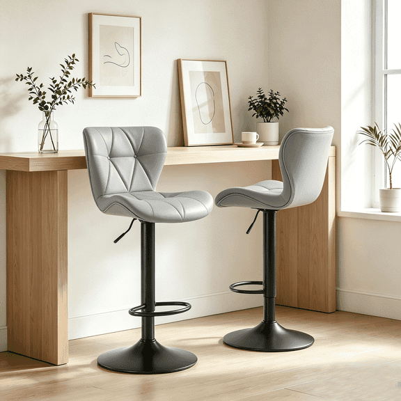 Set of 2 Modern Swivel Barstools for Kitchen Island, Adjustable Counter Height Chairs, Sleek Minimalist Faux Leather Bar Stools for Home Bistro, Open-Concept Dining, Apartment, Gray