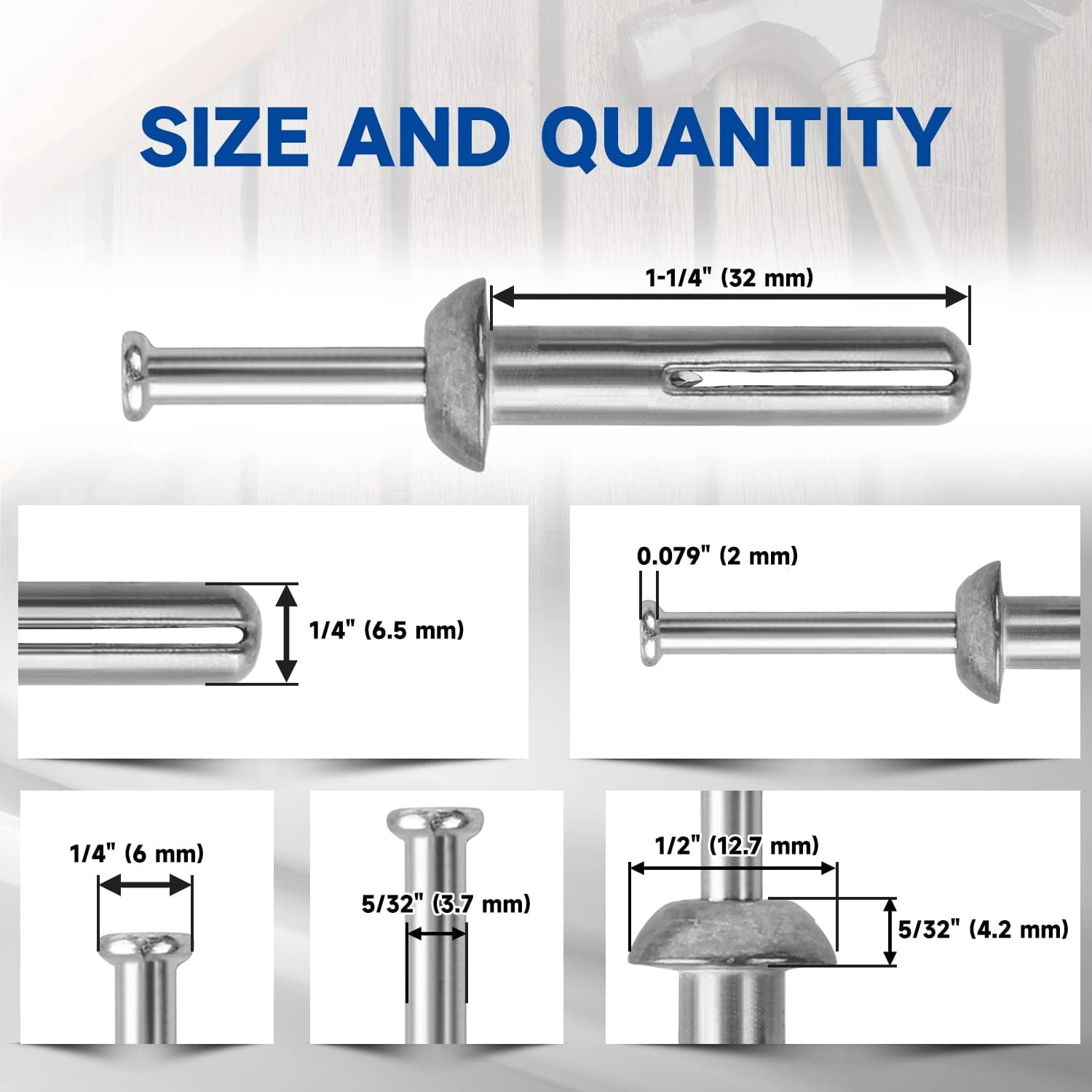 5 Boxes MEITE Hammer Drive Anchors 1/4" x 1-1/4", Heavy Duty Masonry & Concrete Anchors, Zinc-Plated Steel, Rust-Resistant(100 Pcs/Box)