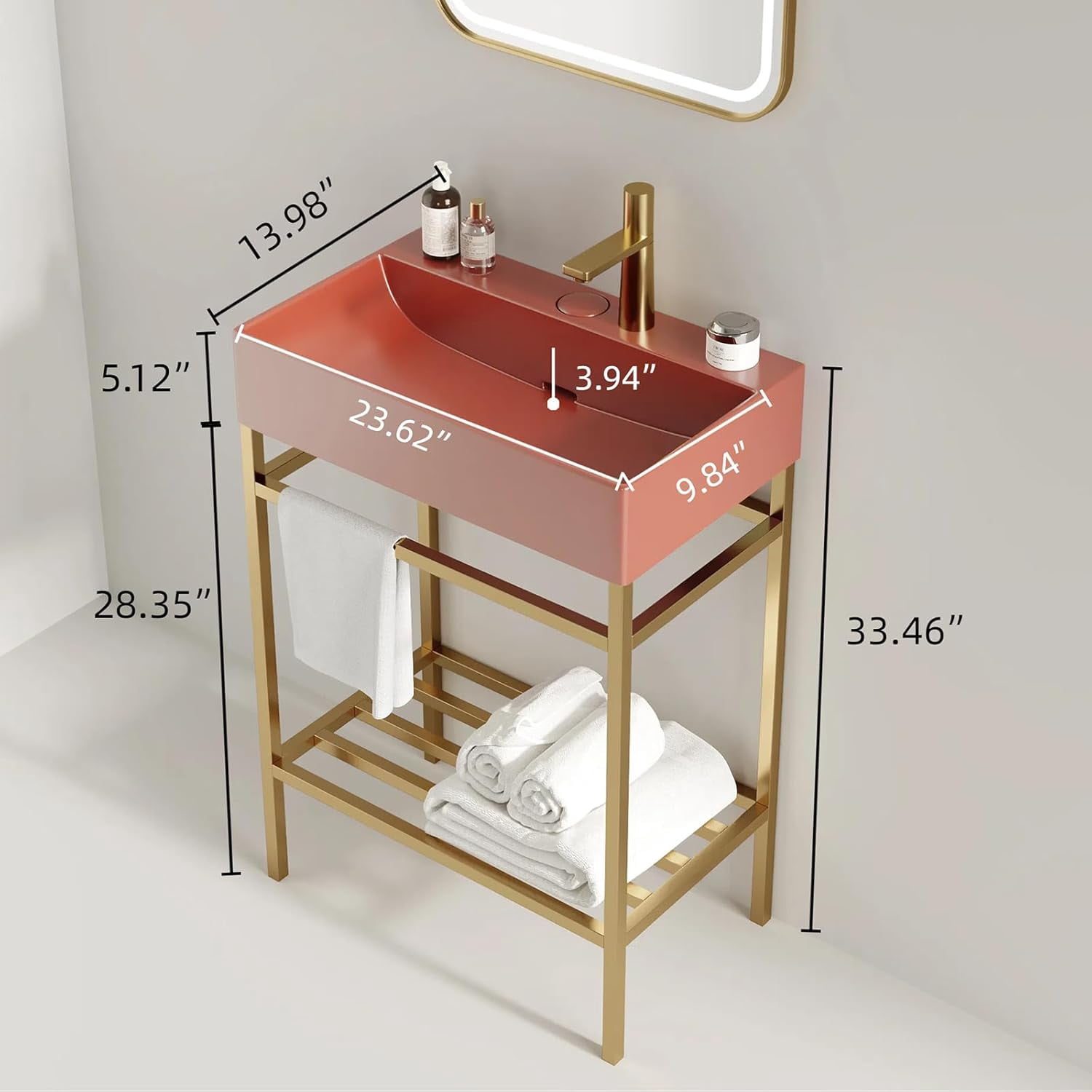 24 Inch Bathroom Vanity with Ceramic Basin, Freestanding Bathroom Console Sink Set, Red Rectangular Integrated Basin Without Faucet, Gold Open Metal Leg, Storage Shelves, Pop Up Drain