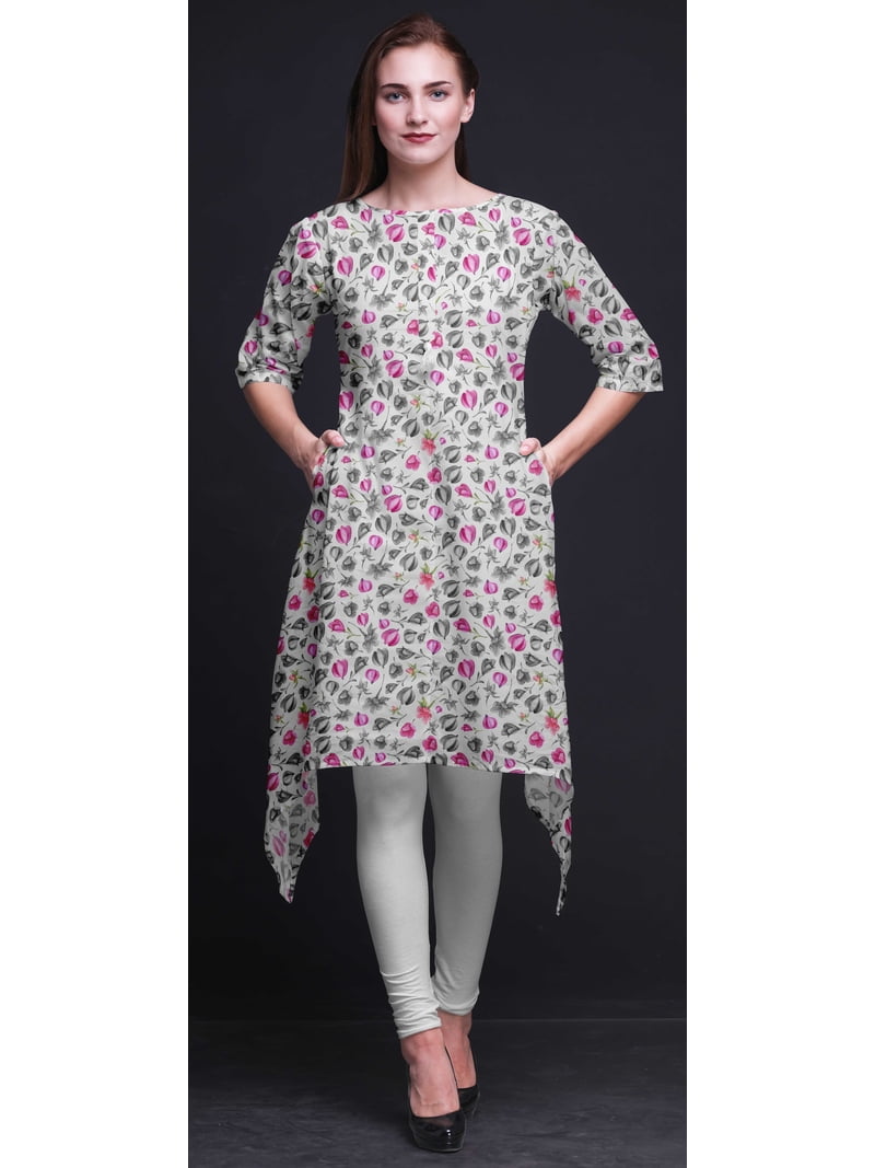 Bimba Women's Cotton Kurta Tunic - Navy Blue Printed Indian Ethnic Top, Long Length