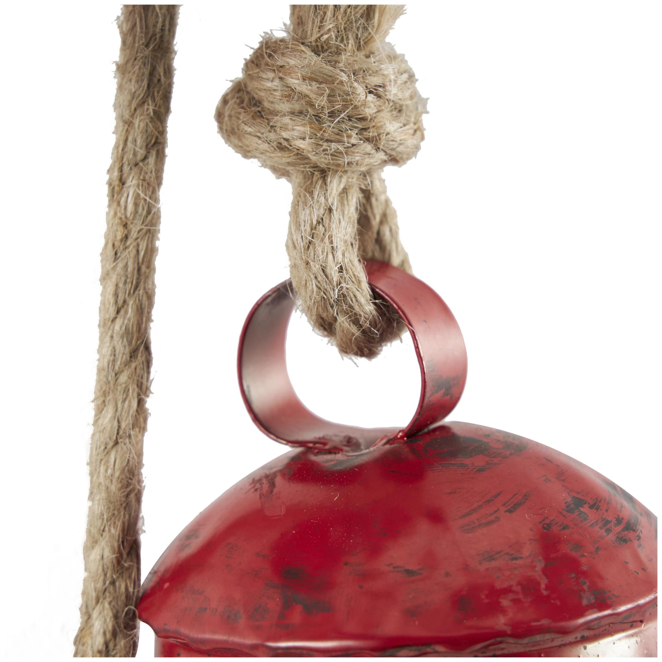 DecMode Tibetan Inspired Cascading Red Metal Cylindrical Decorative Cow Bells with 4 Bells on Jute Hanging Rope