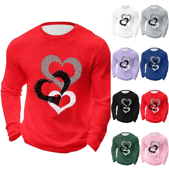 UVEASISHA Heart Graphic Tees for Men Long Sleeve Waffle Knit Shirts Big and Tall Casual Valentines Day Tshirts Regular Fit Stylish Workout Shirt Purple 4XL