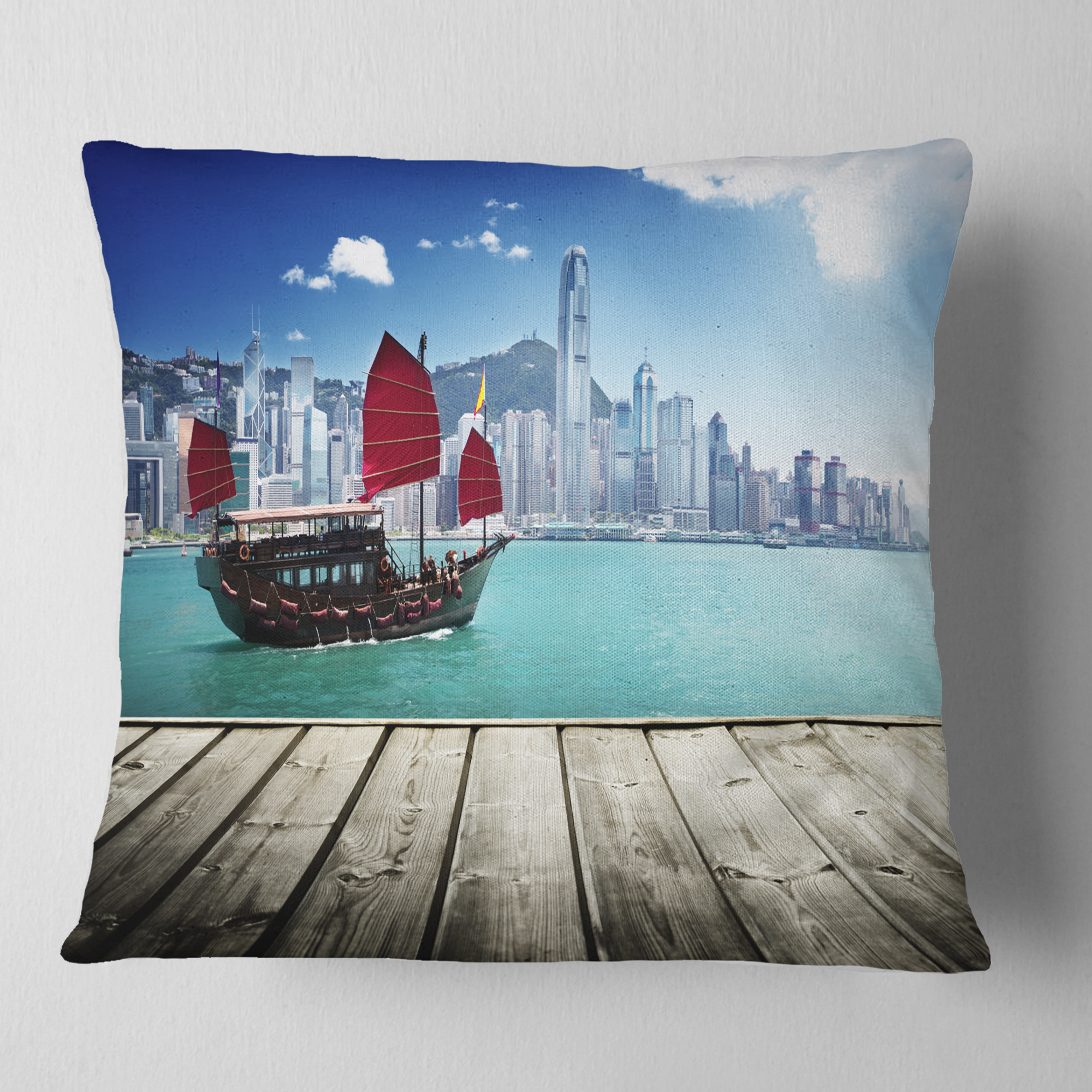 Designart Hong Kong Harbor - Photography Throw Pillow - 18x18