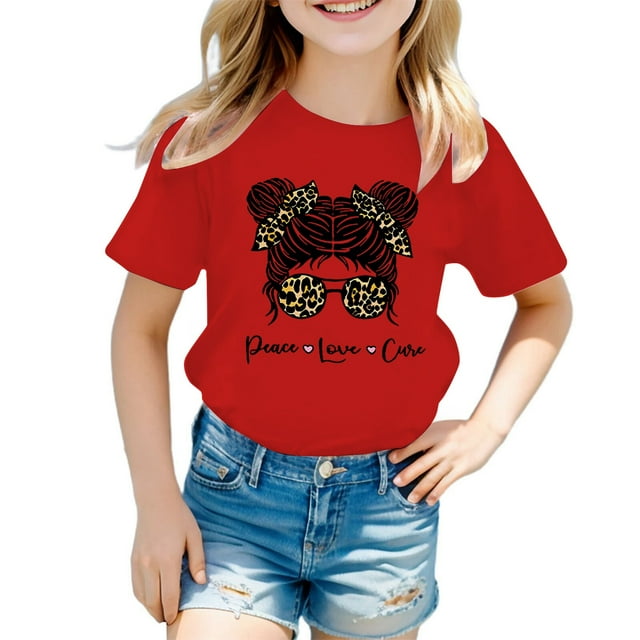 LUOGENLI T-Shirt pour Filles Enfant Filles Mignon Graphique Col Rond Manche Courte Tee Été Décontracté T-Shirt Chandails pour Filles Longueur Genou en Liquidation Rouge 11-12 Ans