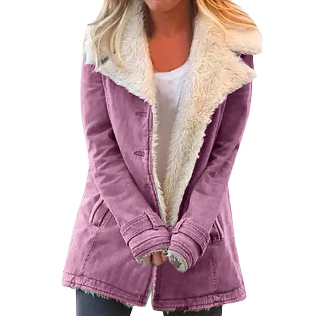 Winter Warm Fleece Lined Jackets For Women Plain Color Jacket With Pockets Button Coats Outerwear