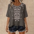 thumbnail image 2 of Vinsonshop Women's Cotton Linen Embroidered Tops Short Sleeve Crewneck Boho Floral Blouses Casual Flowy Tunic Peasant Shirts Lightweight Loose Fit Summer Everyday Apparel Dark Gray L, 2 of 5