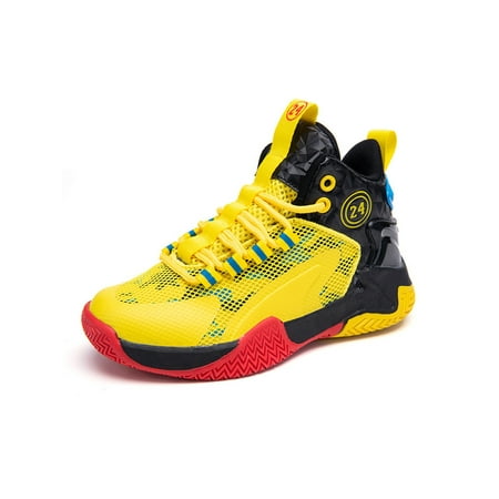 

Daeful Youth Lightweight Lace-up Running Shoe Hiking Basketball Mid Top Sneaker School Non-Slip Mesh Sneakers Black Yellow 1Y