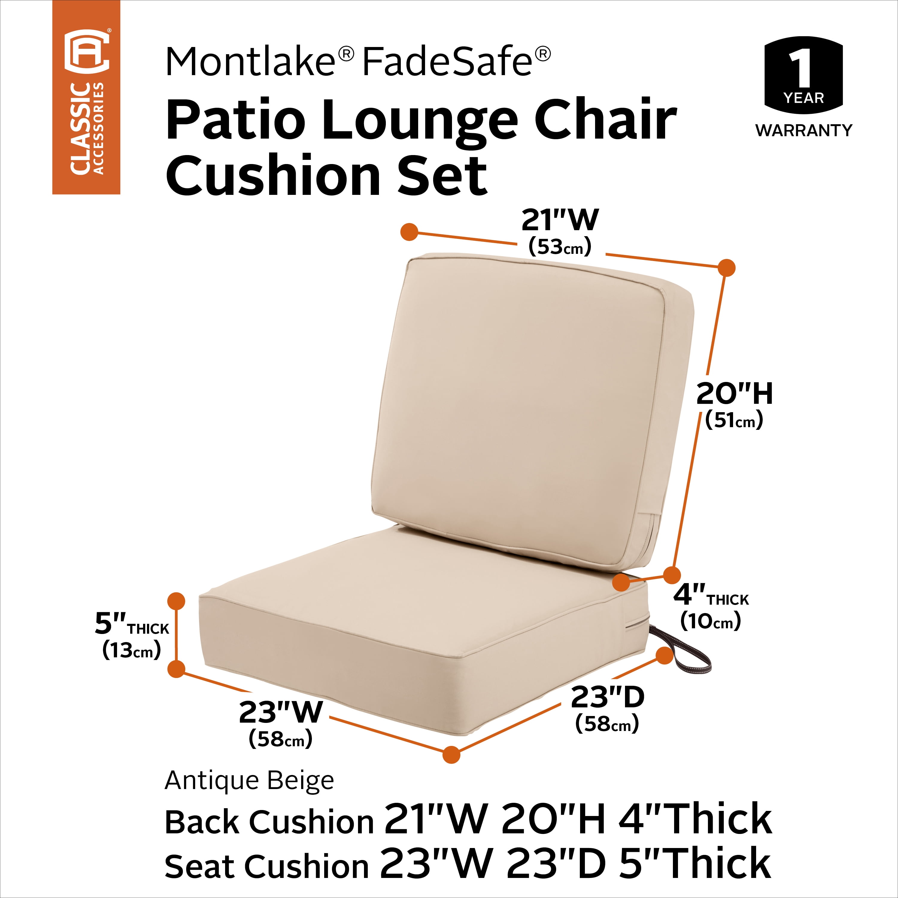 Classic Accessories Montlake 23 x 23 x 5 Inch (seat)/21 x 20 x 4 Inch (back) Cushion Set, Beige