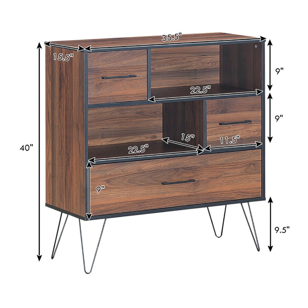 Finihen Storage Cabinet, 3-Tier Wood Storage Cabinet with Drawers and 4 Metal Legs, Cabinet for Living Room, Home, Office, Entryway, Brown