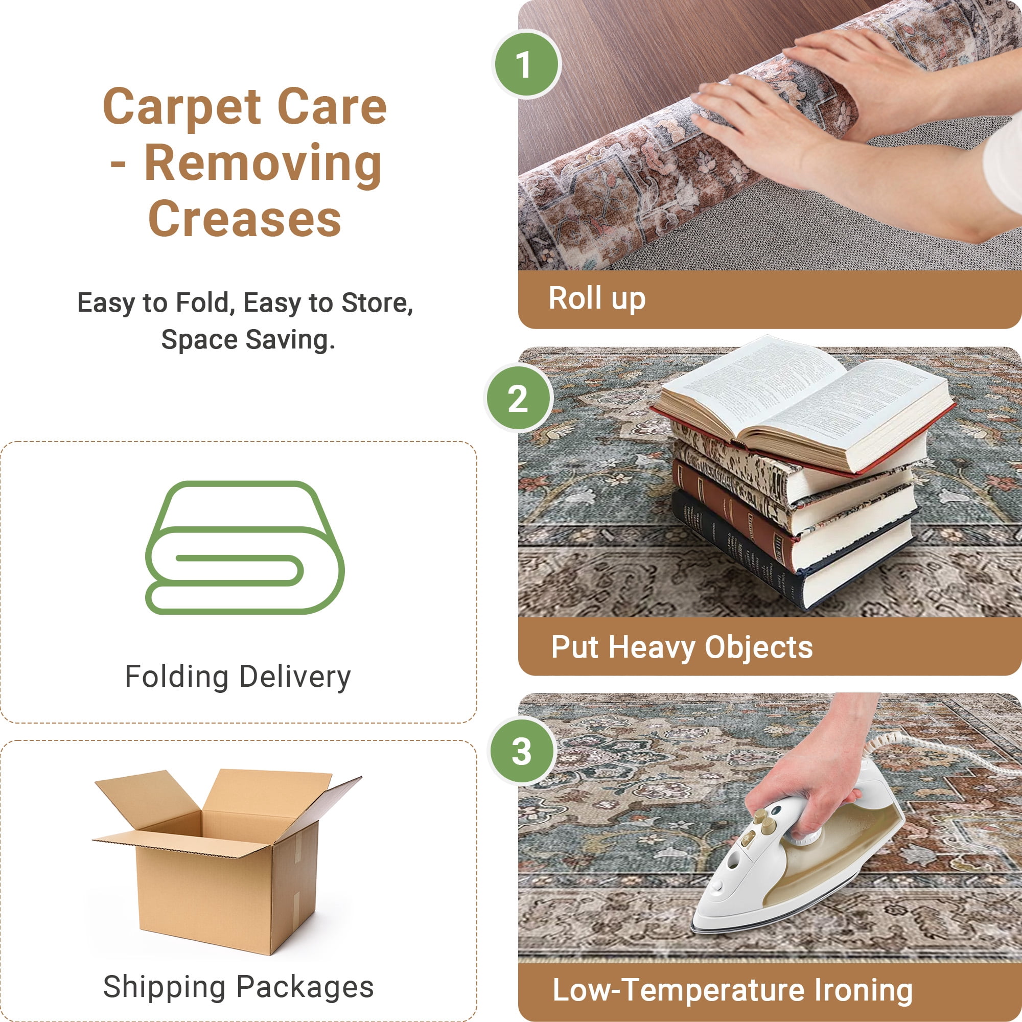 NewBuros 9'x12' Area Rugs, Machine Washable Non Slip Rugs for Living Room, Low Pile Water Repellent Soft Vintage Print Pattern Bedroom Carpet, Brick & Green