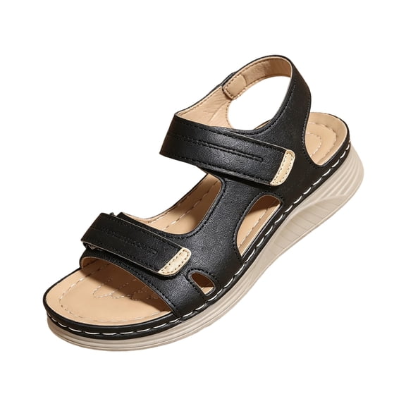 LTTVQM Women Comfortable Sandals Walking Orthopedic Arch Support Dressy Casual Peep Toe Slingback Thick Platform Flat Sandal Summer Non-Slip Wide Width Adjustable Hook Loop Flip Flops Black 42(US-9)