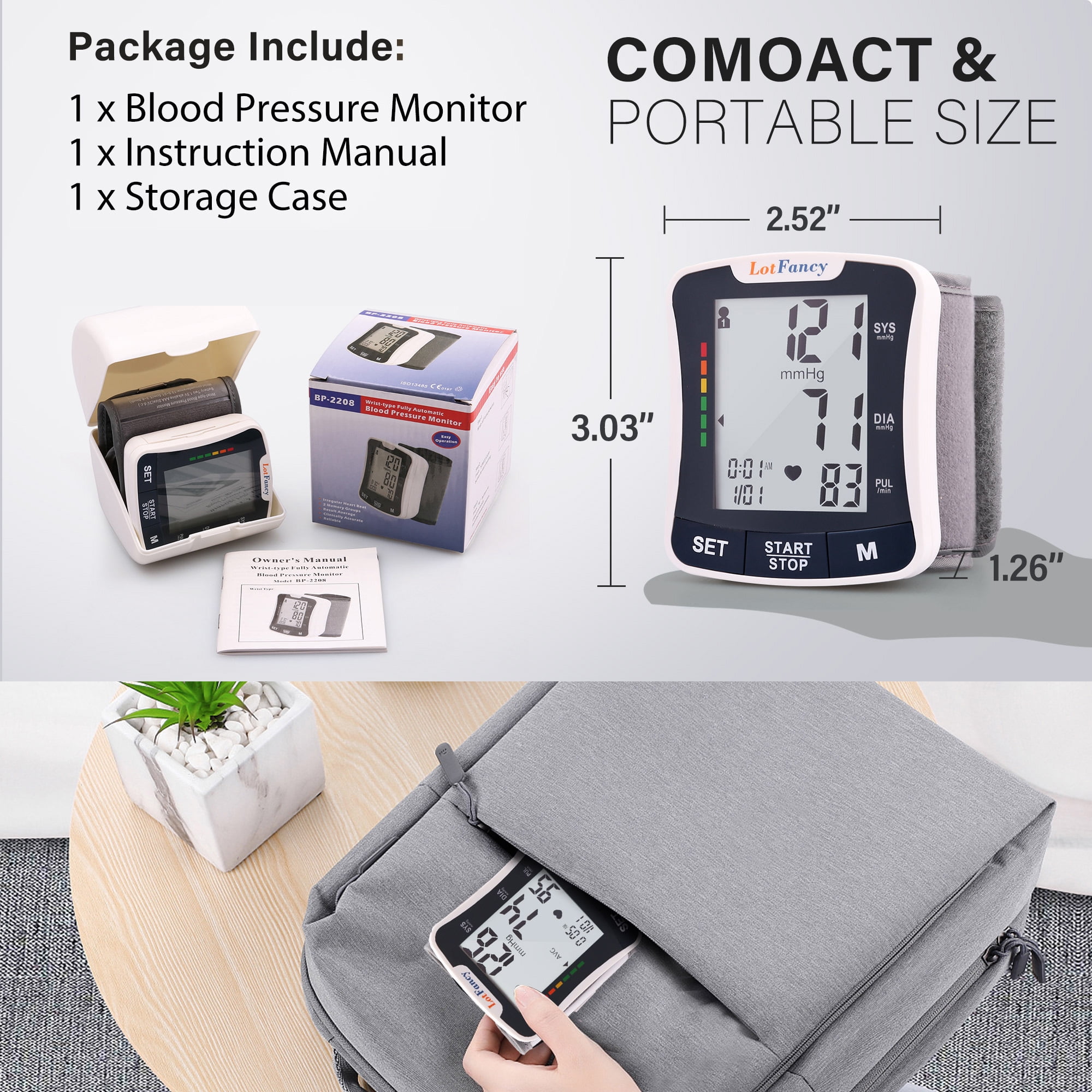 LotFancy Blood Pressure Monitor, Wrist BP Cuff Machine Voice Broadcast, Home BP Gauge