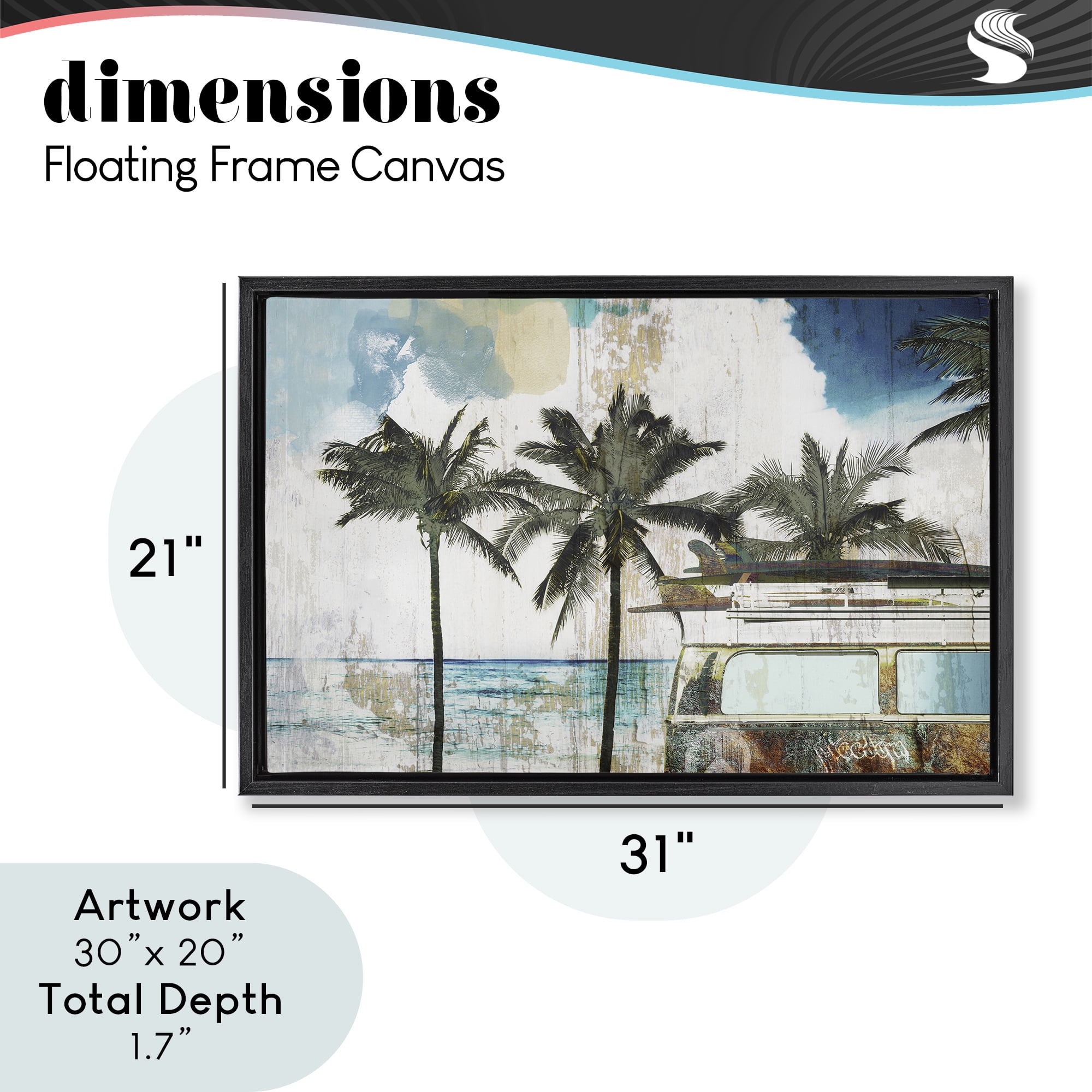 Beach Day Retro Vacation Black Framed Floater Canvas Wall Art, design by Sasha