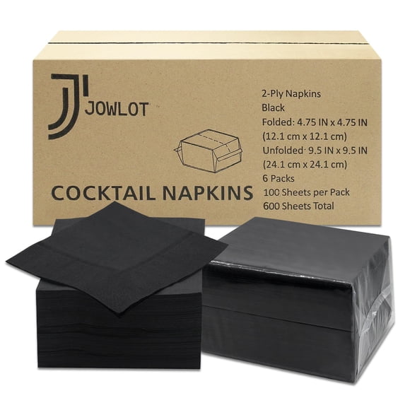 Servilletas de cóctel JOWLOT, 2 capas, negras, 600 unidades, 11,4 x 11,4 cm, paquete de 6