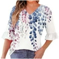 thumbnail image 2 of Jsaierl 3/4 Length Sleeve Tops for Women Summer V Neck Shirts Ruffle Trim Boho Print Ladies Pleated Blouses Flowy Cotton Tunic Top S-2XL, 2 of 7