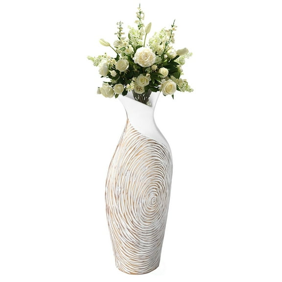 Modern Ribbed Style Designed Table Vase for Entryway Dining or Living Room, Ceramic White