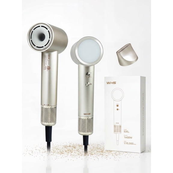 WHS High Speed Ionic Hair Dryer, 110000 RPM Brushless Motor, Fast Drying, Lightweight Gold with Nozzle