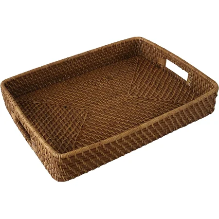 

Large Rectangular Rattan Serving Trays with Handles | Handcrafted Breakfast; Food; Fruit; Coffee Table | Serving Baskets for Home and Restaurants