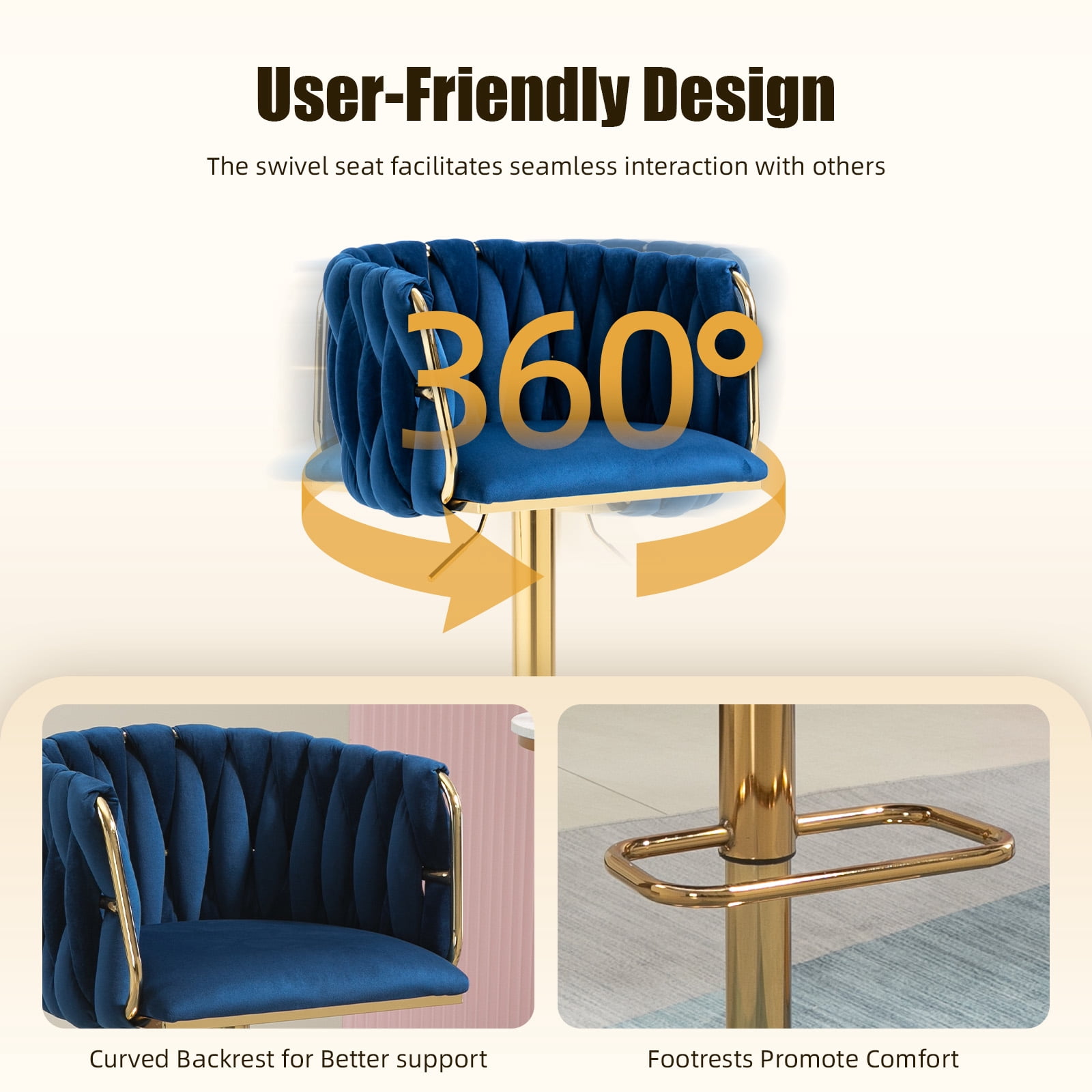 Villeston 360°Swivel Bar Stools Velvet Upholstered Adjustable Bar Chairs Set of 2 with Back & Footrest for Home and Kitchen,Navy Blue