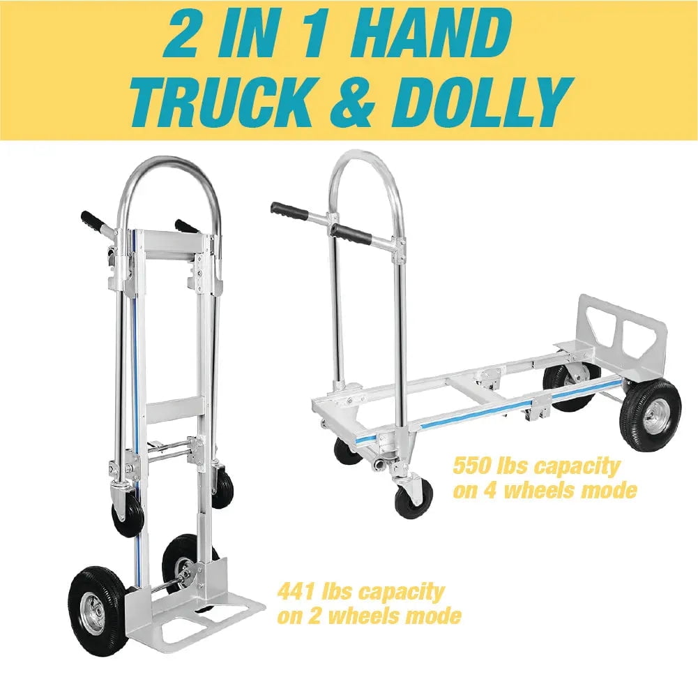Aluminum Hand Truck and Dolly, 2 in 1 Design 550 Lbs Capacity, Industrial Collapsible Cart - 17431