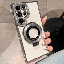 Dteck for Samsung Galaxy S24 Ultra Magnetic Case with Invisible Stand, Compatible with MagSafe, for Women Girls Luxury Bling Rhinestone Diamond Case Clear Cover for Samsung Galaxy S24 Ultra,Silver