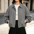 thumbnail image 7 of DISKEBUISS Women's Cropped Gingham Plaid Jacket Lapel Zip & Snap Long Sleeve Short Outerwear for Fall Winter, 7 of 7