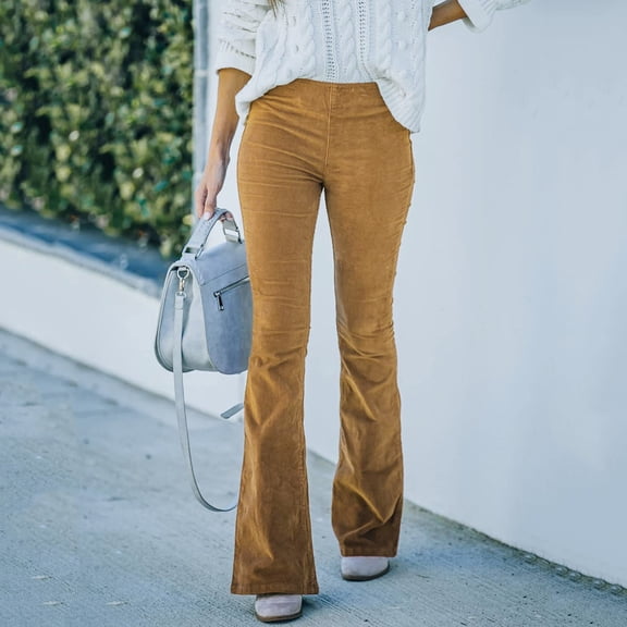 ERTUTUYI Women Corduroy Flare Pants Elastic Waist Bell Bottom Trousers Khaki S