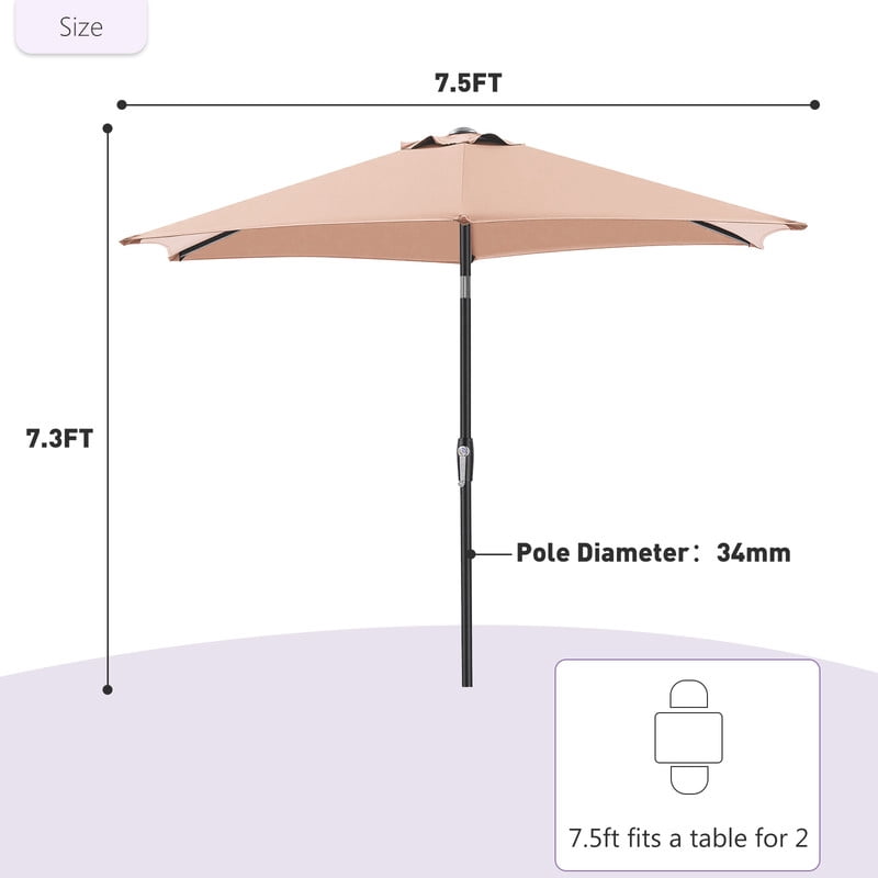 Gianna 7.5ft Patio Umbrella with Tilt and Crank Button & 6 Sturdy Ribs Waterproof, Patio Table Umbrella for Poolside, Terrace and Beach, Beige