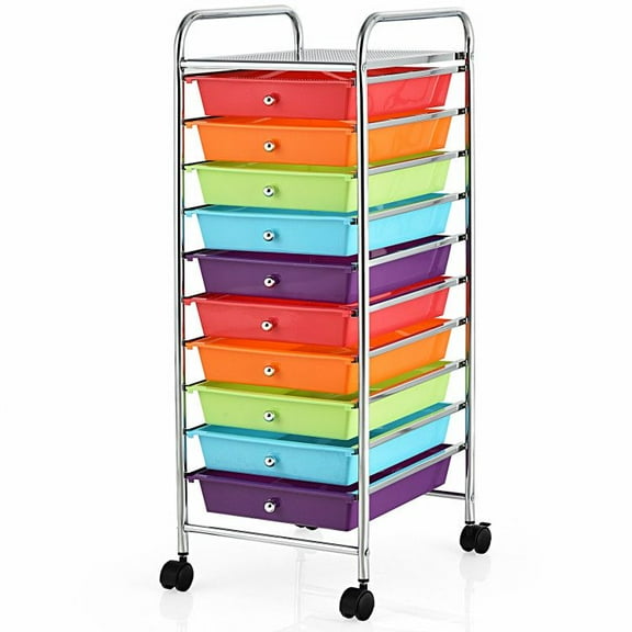 Rolling Storage Cart, 10 Drawer Organizer with Wheels - Home Office Garage School Utility Cart - White/Silver Frame, Multicolor Drawers