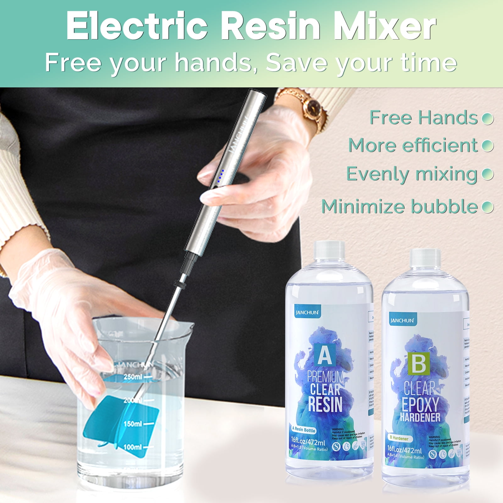 JANCHUN Lightweight Resin Stirrer Handheld Battery Powered Electric Epoxy Resin Stirrer, Resin Stirrer, Powerful Resin Stirrer, DIY Resin Casting Supplies (Includes 4 Stirring Sticks), Paint