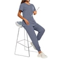 thumbnail image 4 of Women Scrubs Sets Jogger Medical Nurse Uniforms Stretch Petite Yoga Polyester Short Sleeve Scrub Shirt Wide Leg Uncuffed Scrub Pant Grey S, 4 of 6