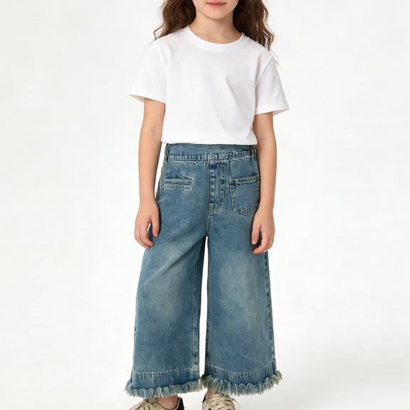 Kids Girls Jeans Denim Elastic Wasit Wide Leg Casual Kids Pants 3-4 Years