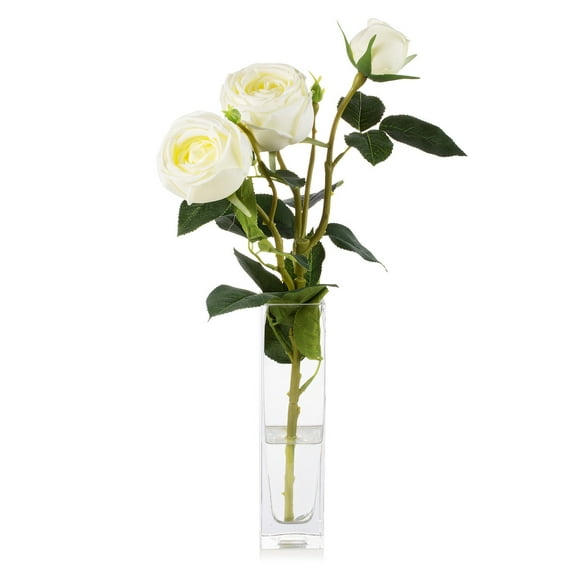 ENOVA FLORAL Silk Rose Artificial Flowers Arrangement in Vase, Fake Rose Fake Flowers with Faux Water Vase for Dining Table Centerpieces