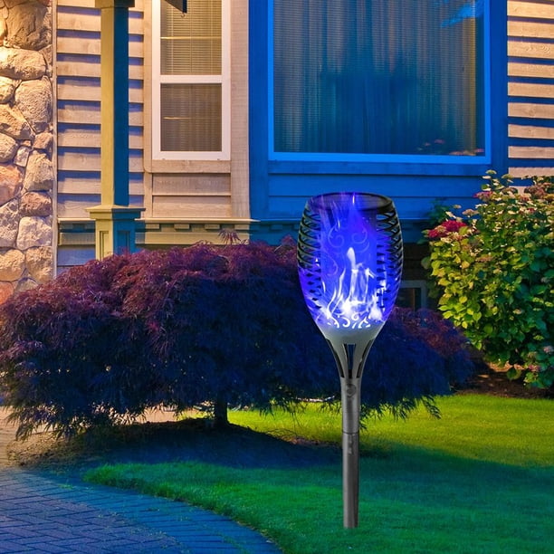 Antorcha de llama solar de 12 LED Lámpara de noche parpadeante azul claro Decoración de jardín (1 pieza)