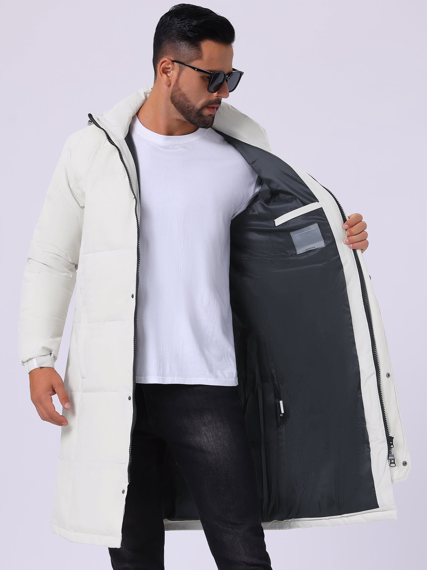 DARING DIVA Men's Full-Zip Detachable Hooded Long Quilted Puffer Jacket M White