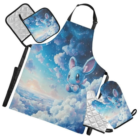 

5 Pcs Kitchen Set Heat Resistant Oven Mitts and Non-Slip Pot Holders with Adjustable Cooking Apron Cute Blue Mouse in Sky