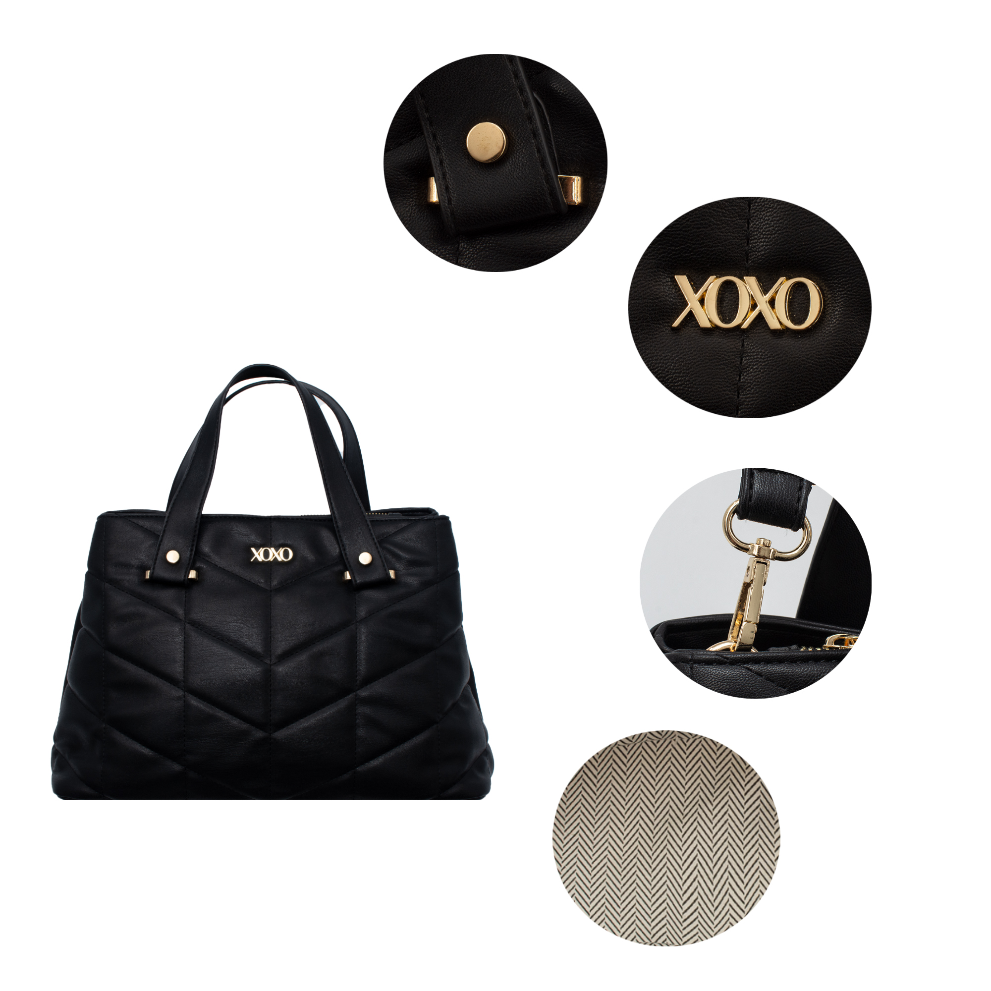XOXO Women’s Black Chevron Vegan Leather Quilted Everyday Satchel Bag withAdjustable Strap