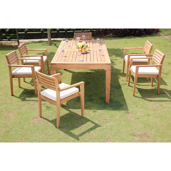Teak Dining Set: 6 Seater 7 Pc: Large Caranasas 122" Double Extensions Premium Rectangle Dining Table & 6 Montana Stacking Arm/Captain Chairs Outdoor Patio Grade-A Teak Wood WholesaleTeak #WMDSMT12