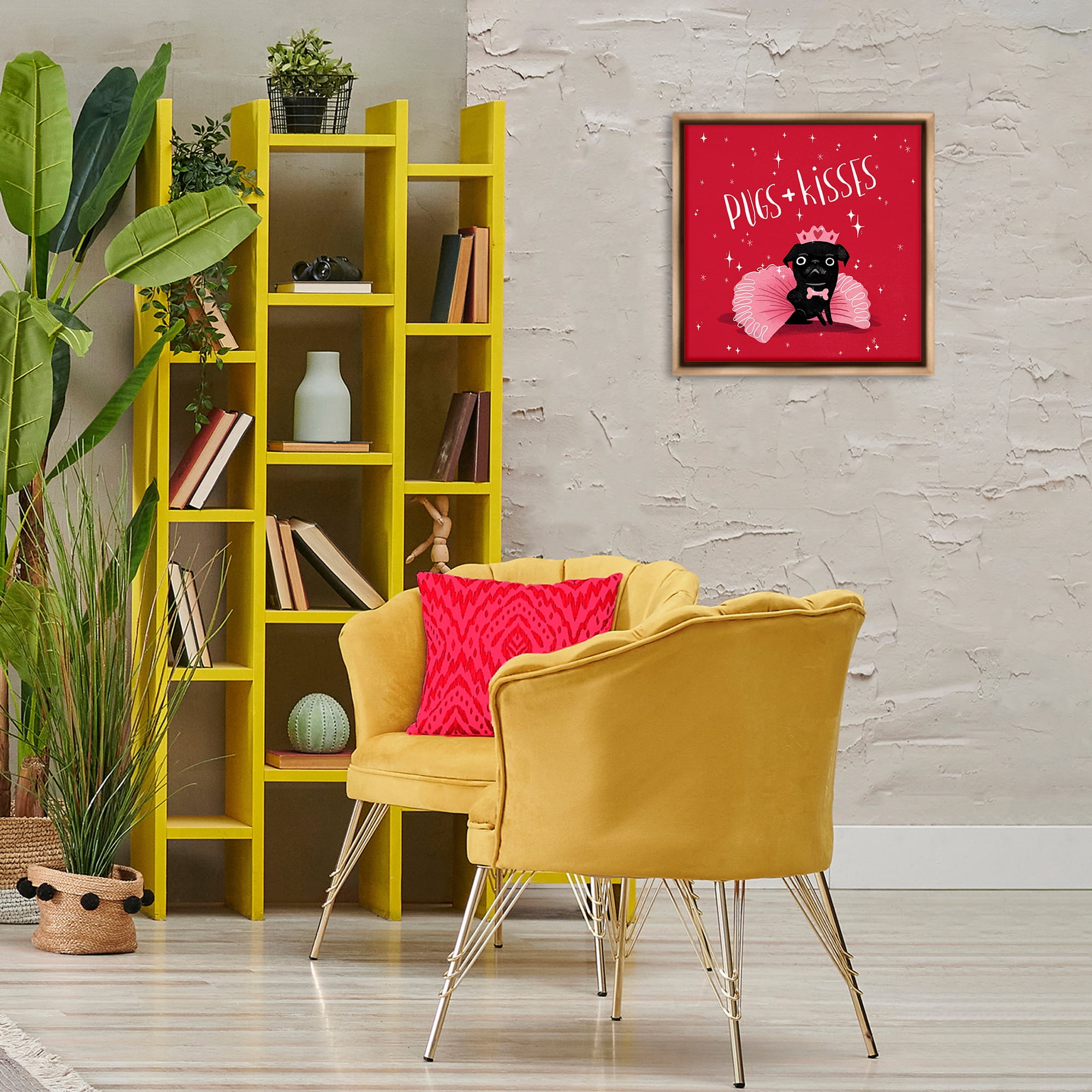 Stupell Industries Pugs & Kisses on Red Animals Painting Brown Floater Framed Canvas Art Print Wall Art, 18 x 18