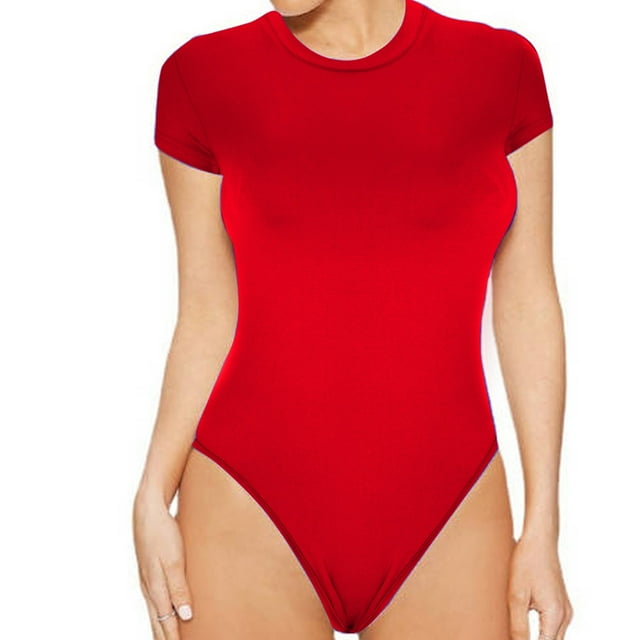 Penkiiy Justaucorps pour Femmes à Col Rond, Col Rond, Manches Courtes, Coupe Ajustée, Décontracté, Basique, Rallonge, Combinaison Quotidienne, T-Shirts, Rouge, Gaine Ventre