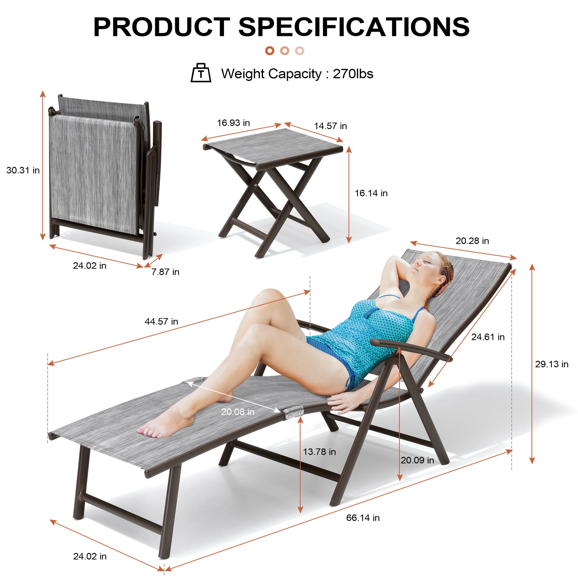 Crestlive Products Gray Outdoor Folding Patio Chaise Lounge Chair, Aluminum Recliners and Table Set
