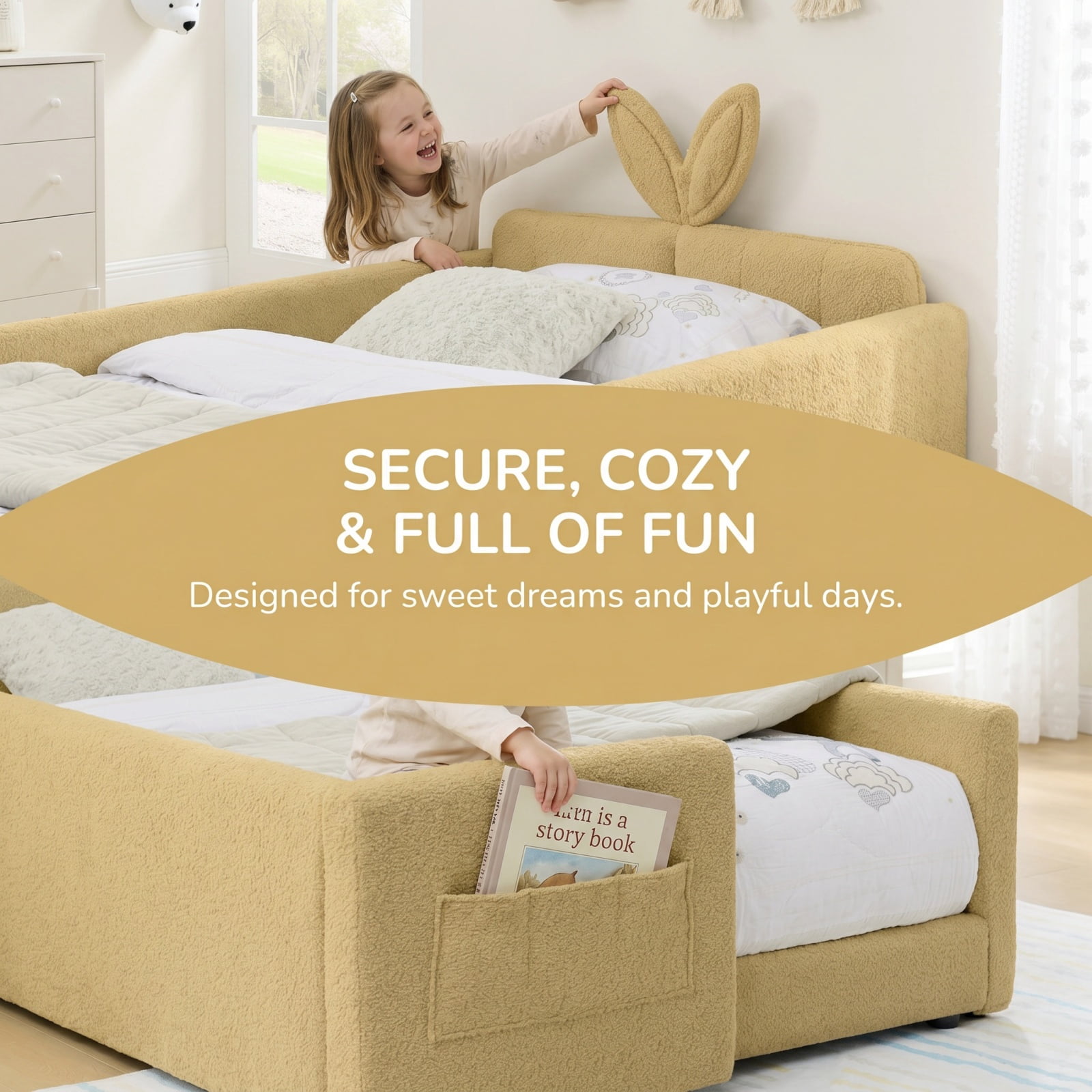 Deiokin Twin Size Bunny Ear Platform Bed Frame, Upholstered Boucle Fabric Bed Frame with Safety Rail & Storage Pocket